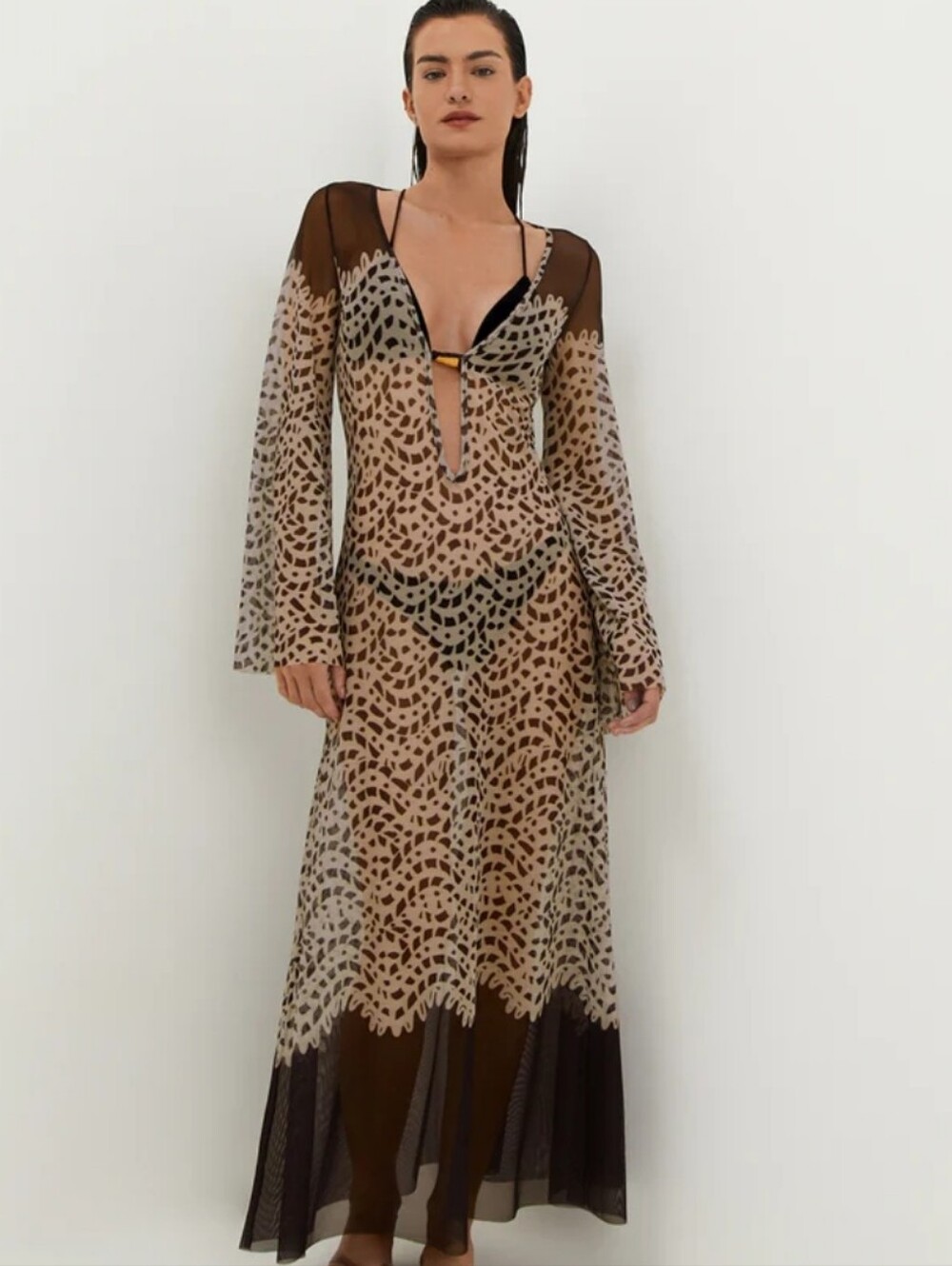 Caroline Constas Beige and Brown Lace-Pattern Long Sleeve Swimcover
